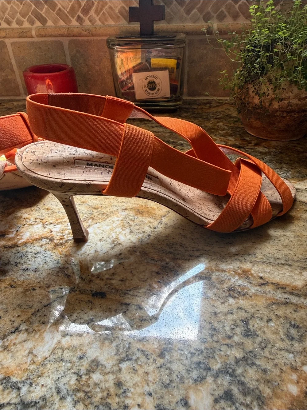 Manolo Blahnik Orange Crisscross Elastic Slingback Heels